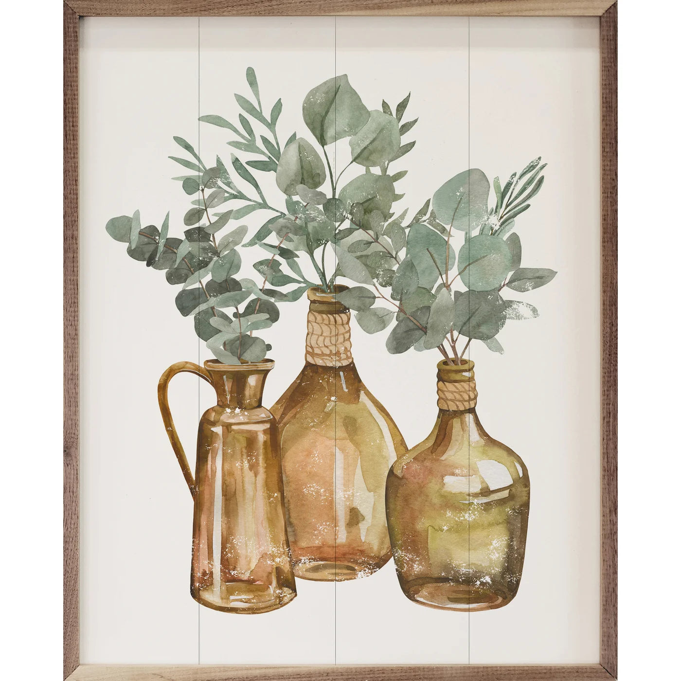 Trio Plants Brown Vases Wood Framed Print