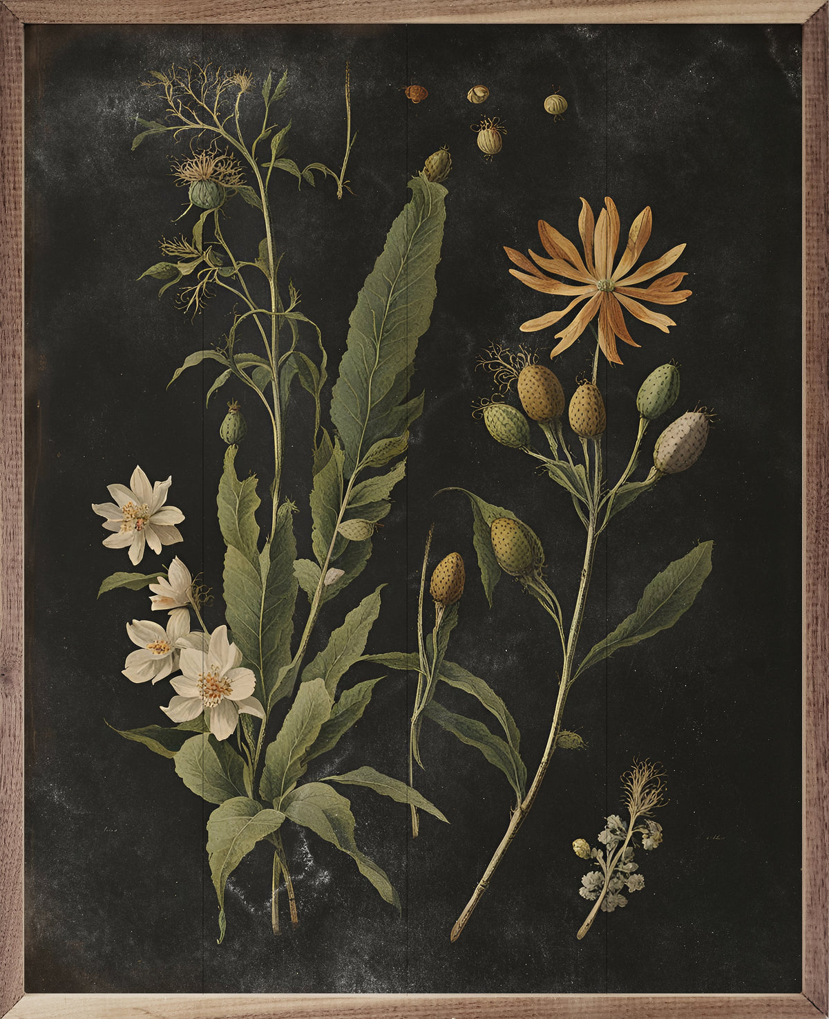 Vintage Cream Floral Print Black Wood Framed Print
