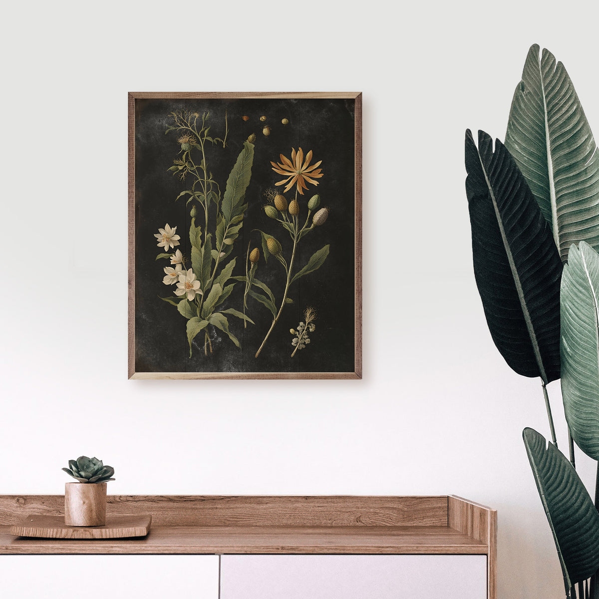 Vintage Cream Floral Print Black Wood Framed Print