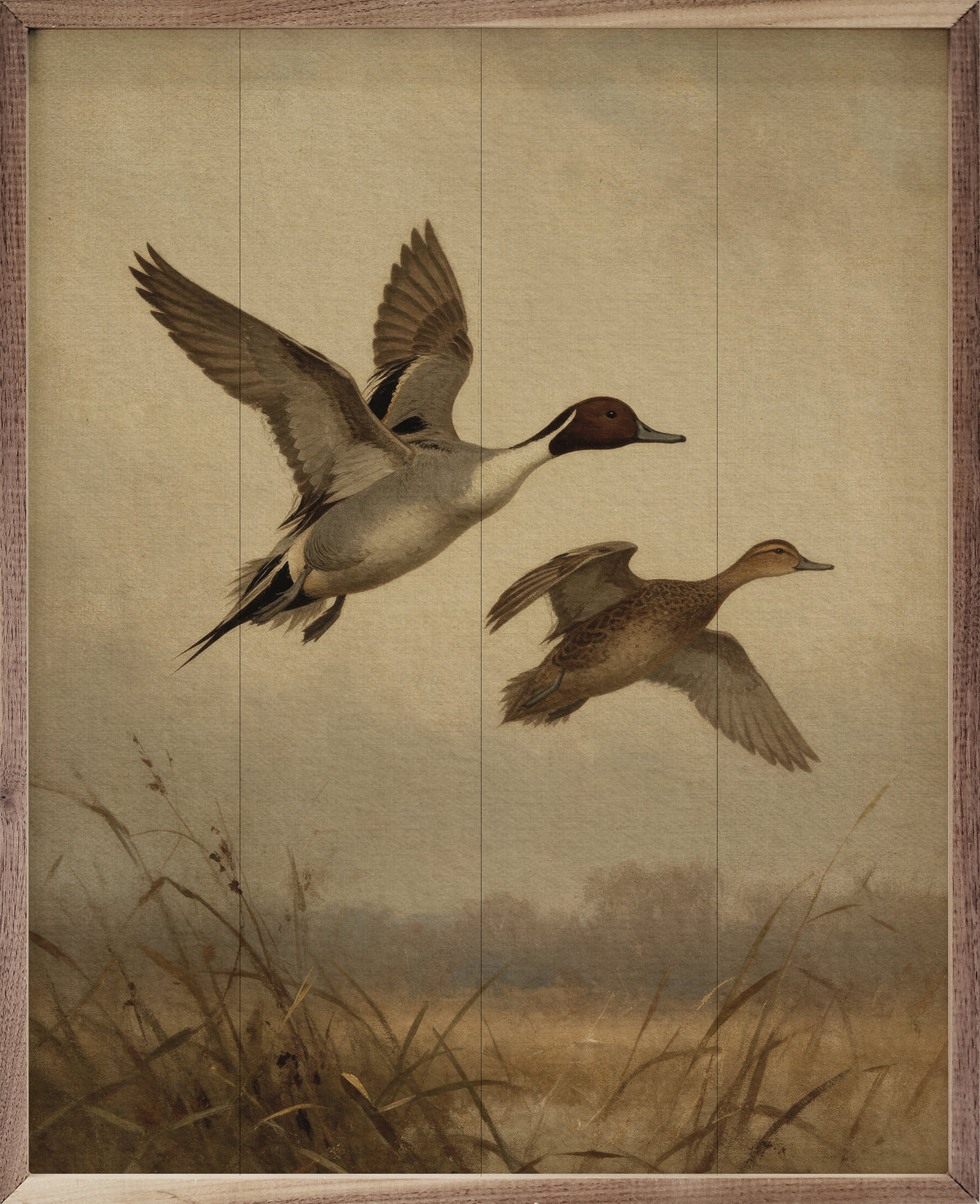 Vintage Flying Pintail Ducks Over The Marsh Wood Framed Print