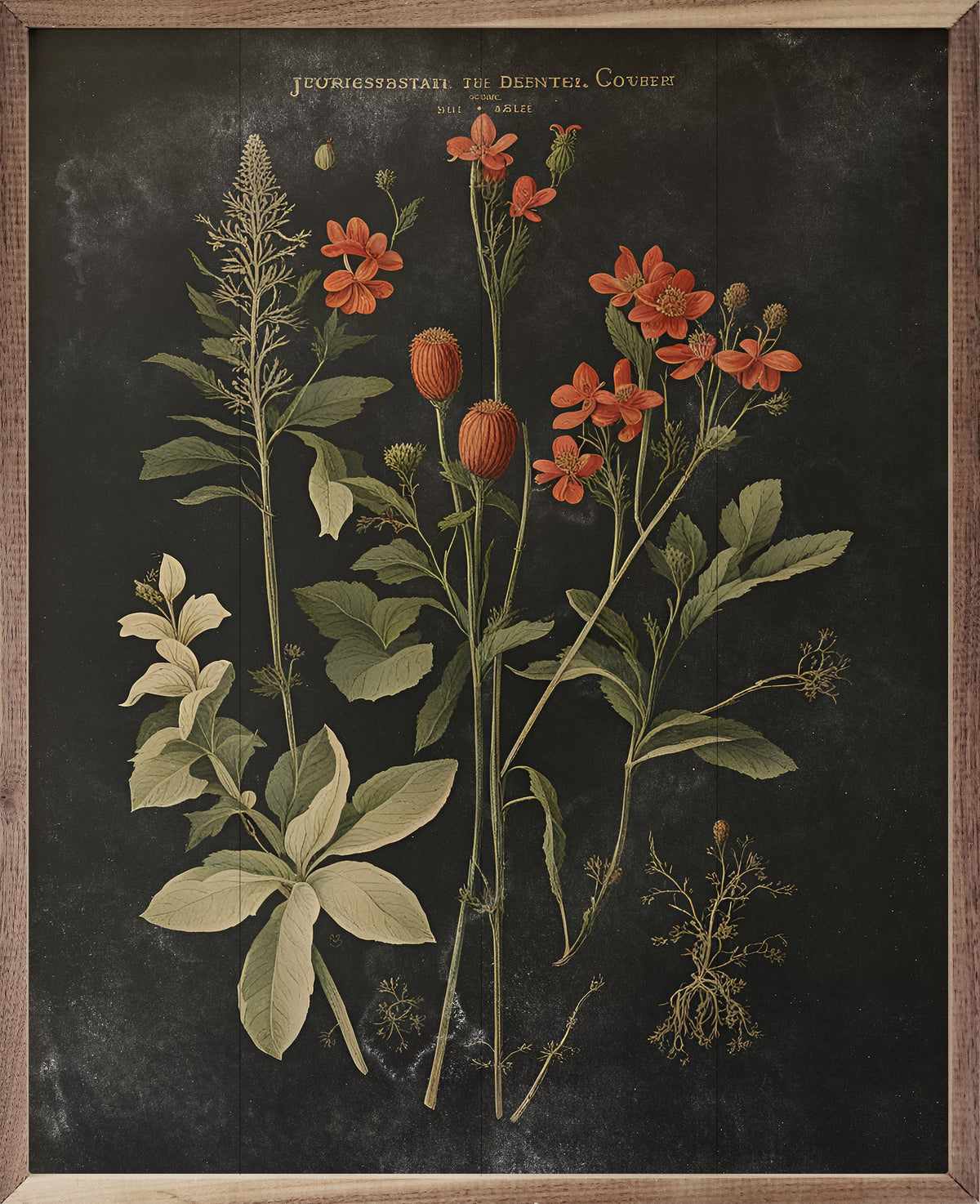 Vintage Orange Floral Print Black Wood Framed Print