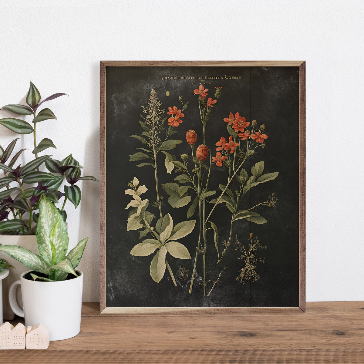 Vintage Orange Floral Print Black Wood Framed Print