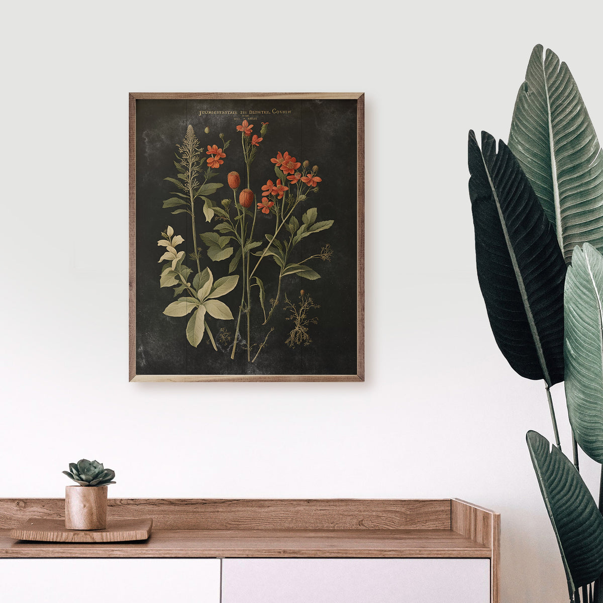 Vintage Orange Floral Print Black Wood Framed Print