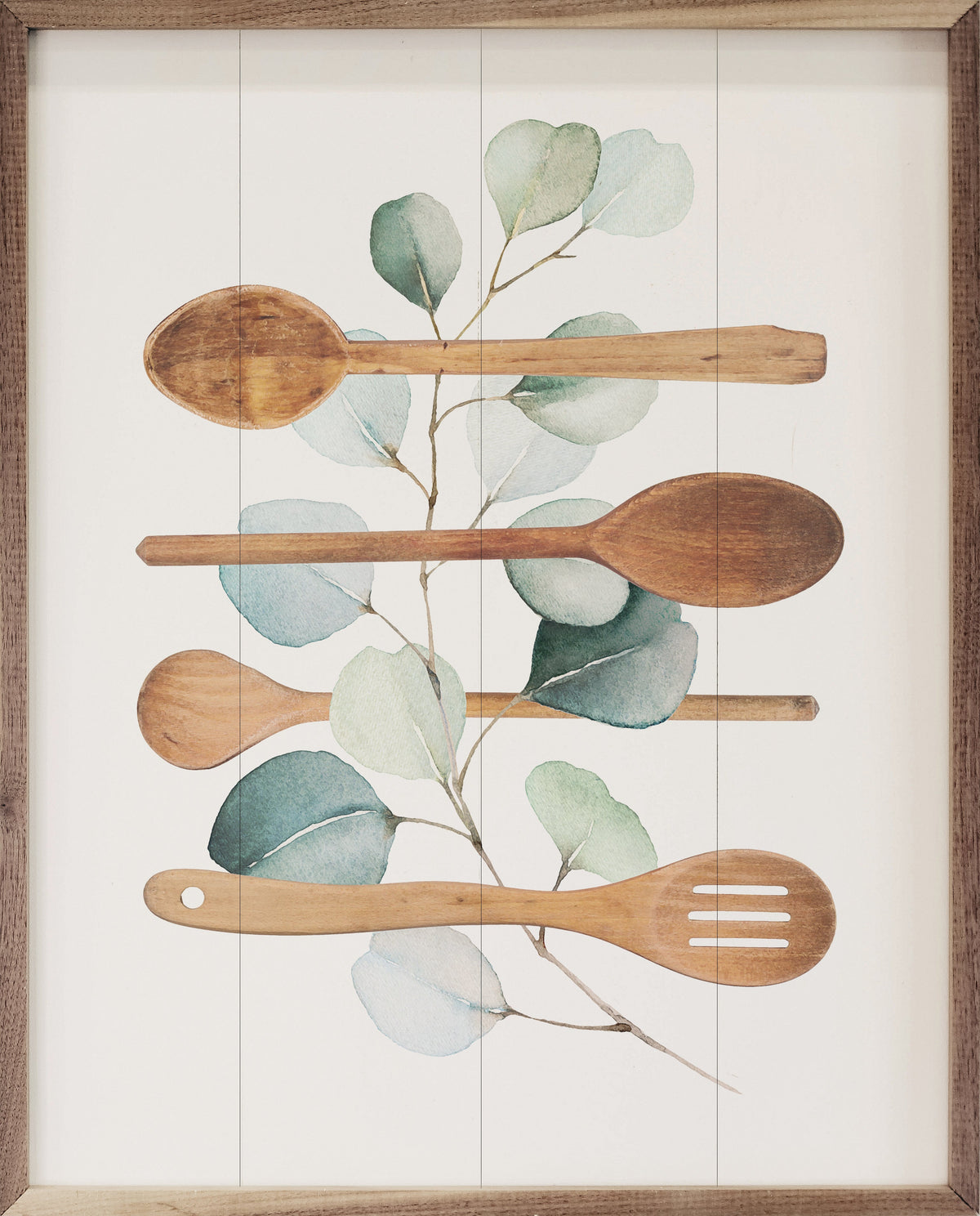 Watercolor Eucalyptus & Spoons Wood Framed Print