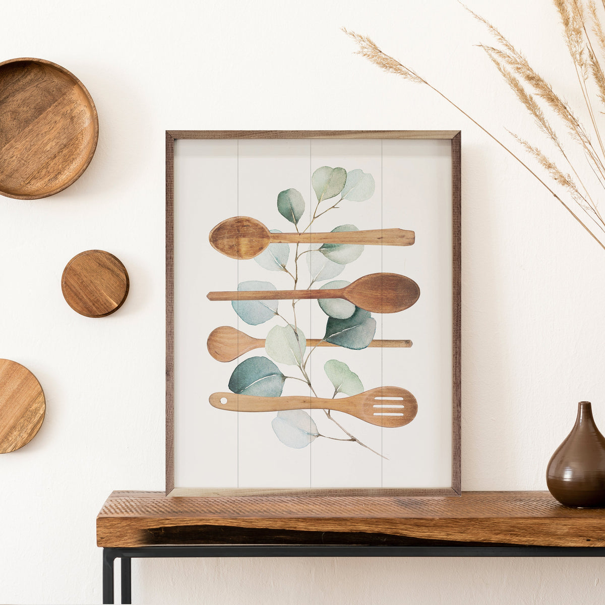 Watercolor Eucalyptus & Spoons Wood Framed Print