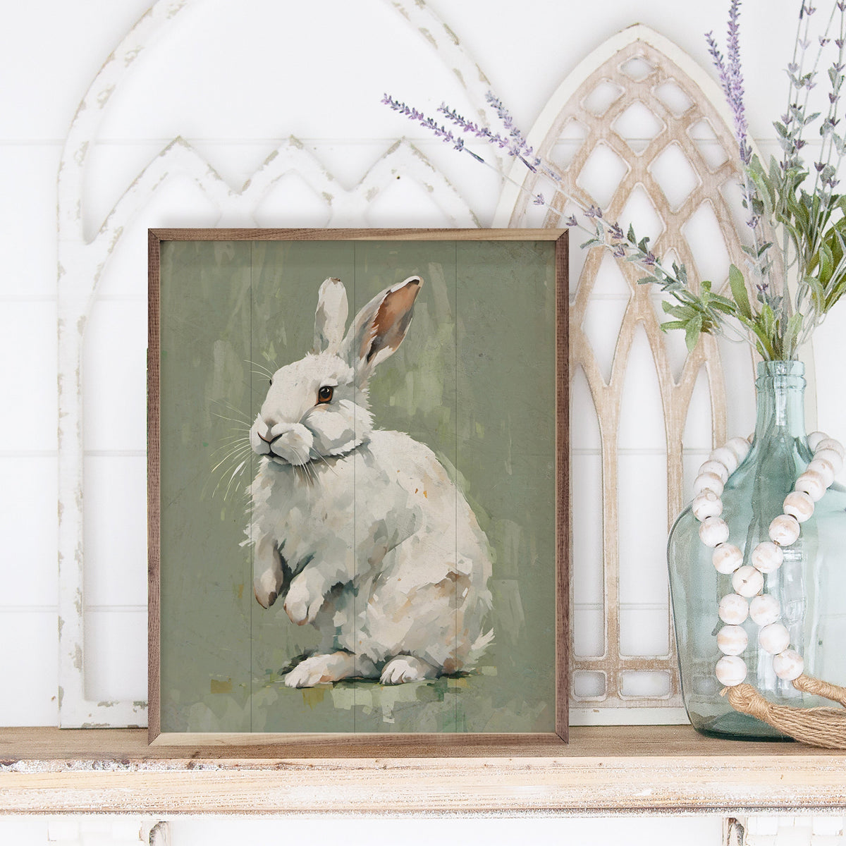 White Bunny On Green Wood Framed Print