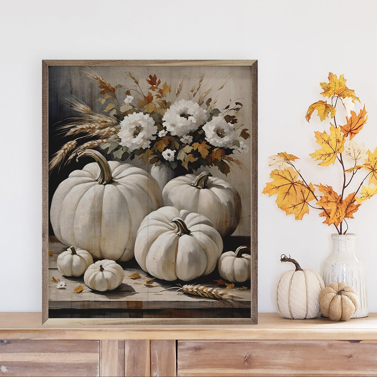 White Pumpkins On Table Wood Framed Print