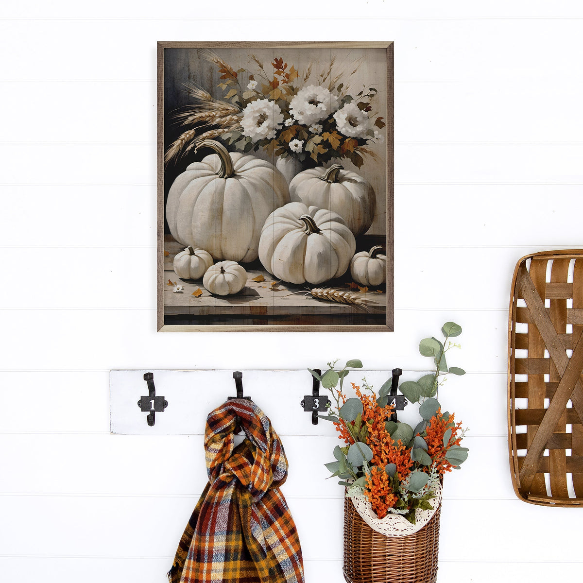 White Pumpkins On Table Wood Framed Print