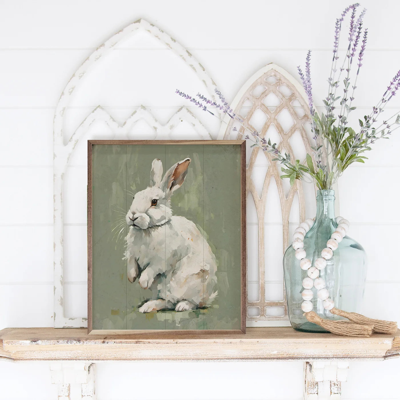 White Bunny On Green Wood Framed Print