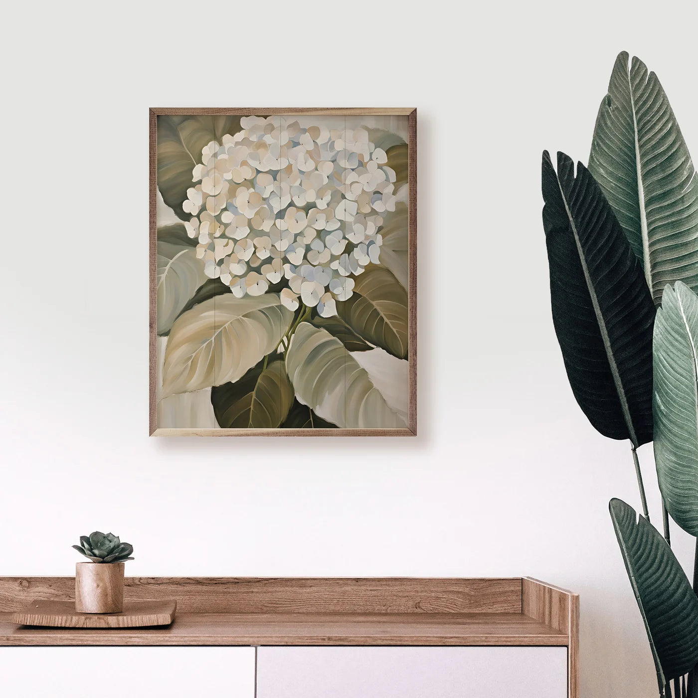 White Hydrangea Wood Framed Print