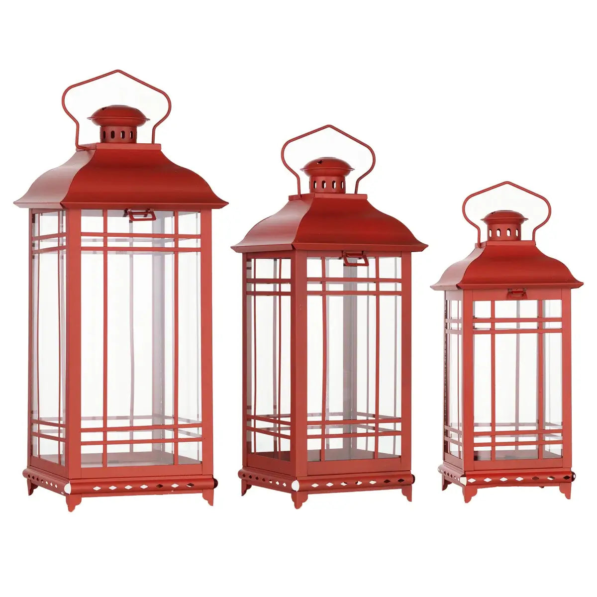 Red Metal Windowpane Lantern Set