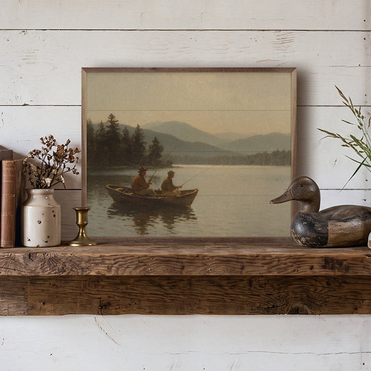 Father & Son Vintage Fishing Scene Wood Framed Print