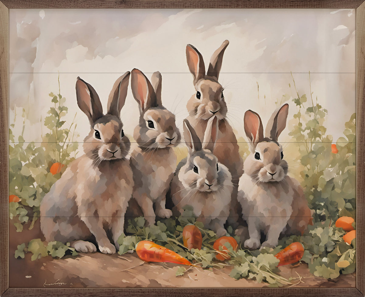 Five Bunnies In Carrot Field Wood Framed Print