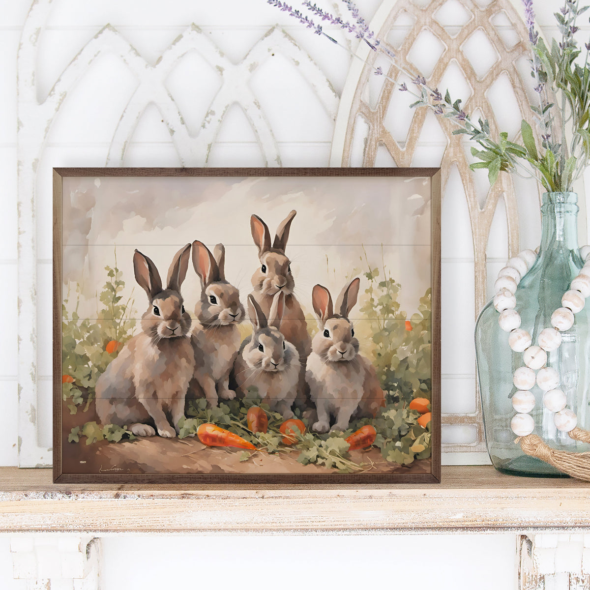 Five Bunnies In Carrot Field Wood Framed Print