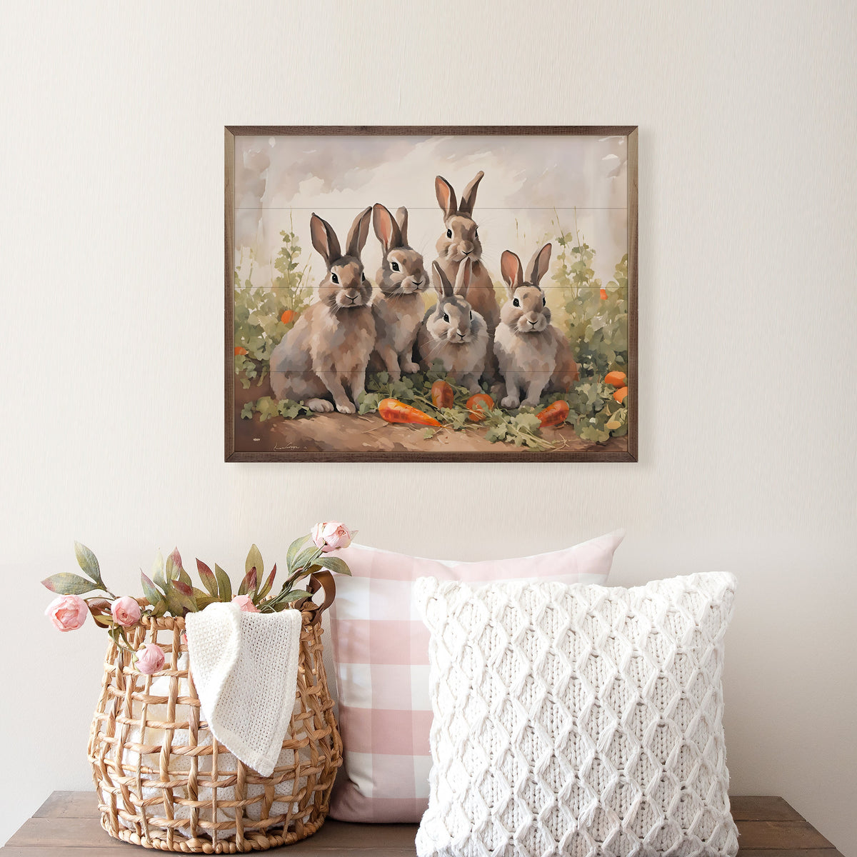 Five Bunnies In Carrot Field Wood Framed Print