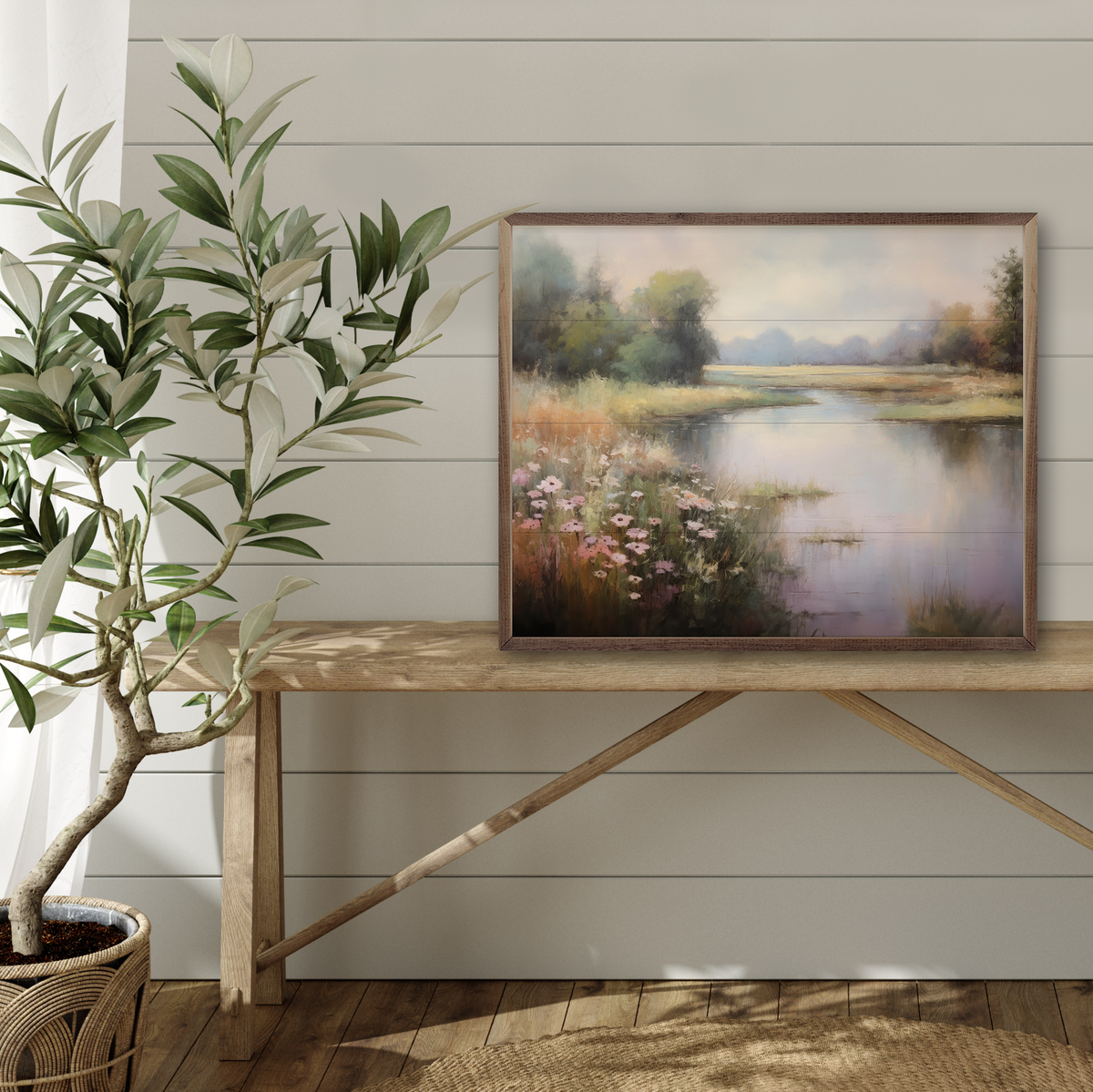 Flower Lined Lake Wood Framed Print