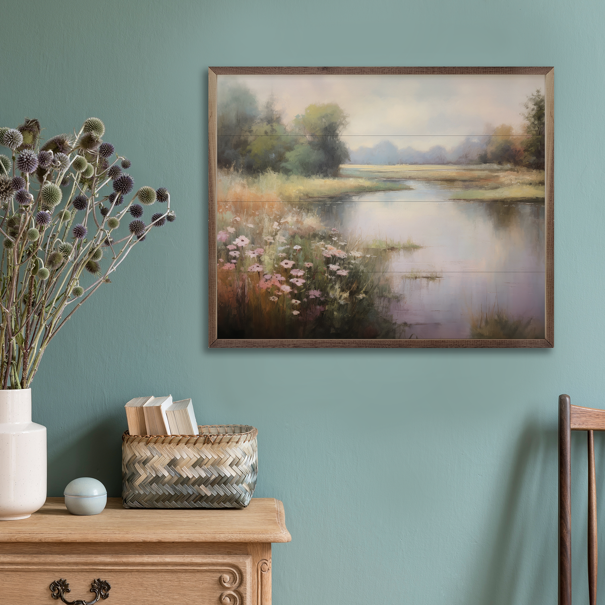 Flower Lined Lake Wood Framed Print