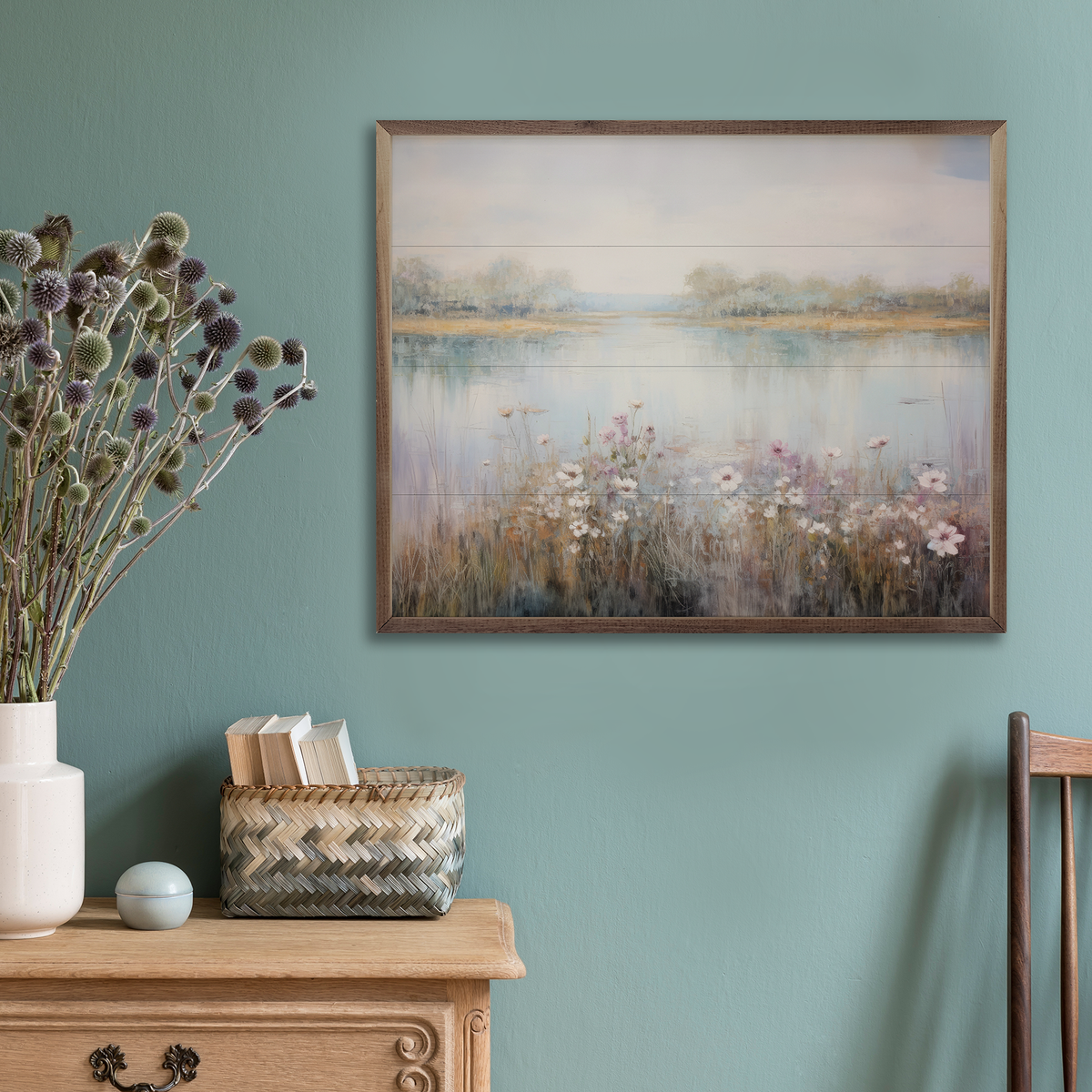 Flower Lined Lake III Wood Framed Print