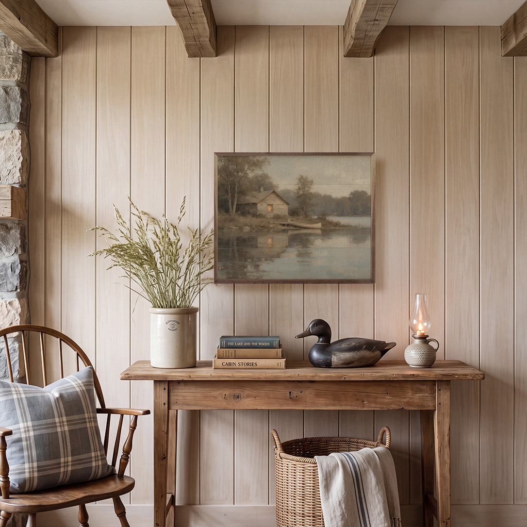 Rustic Lakeside Cabin With Canoe Wood Framed Print
