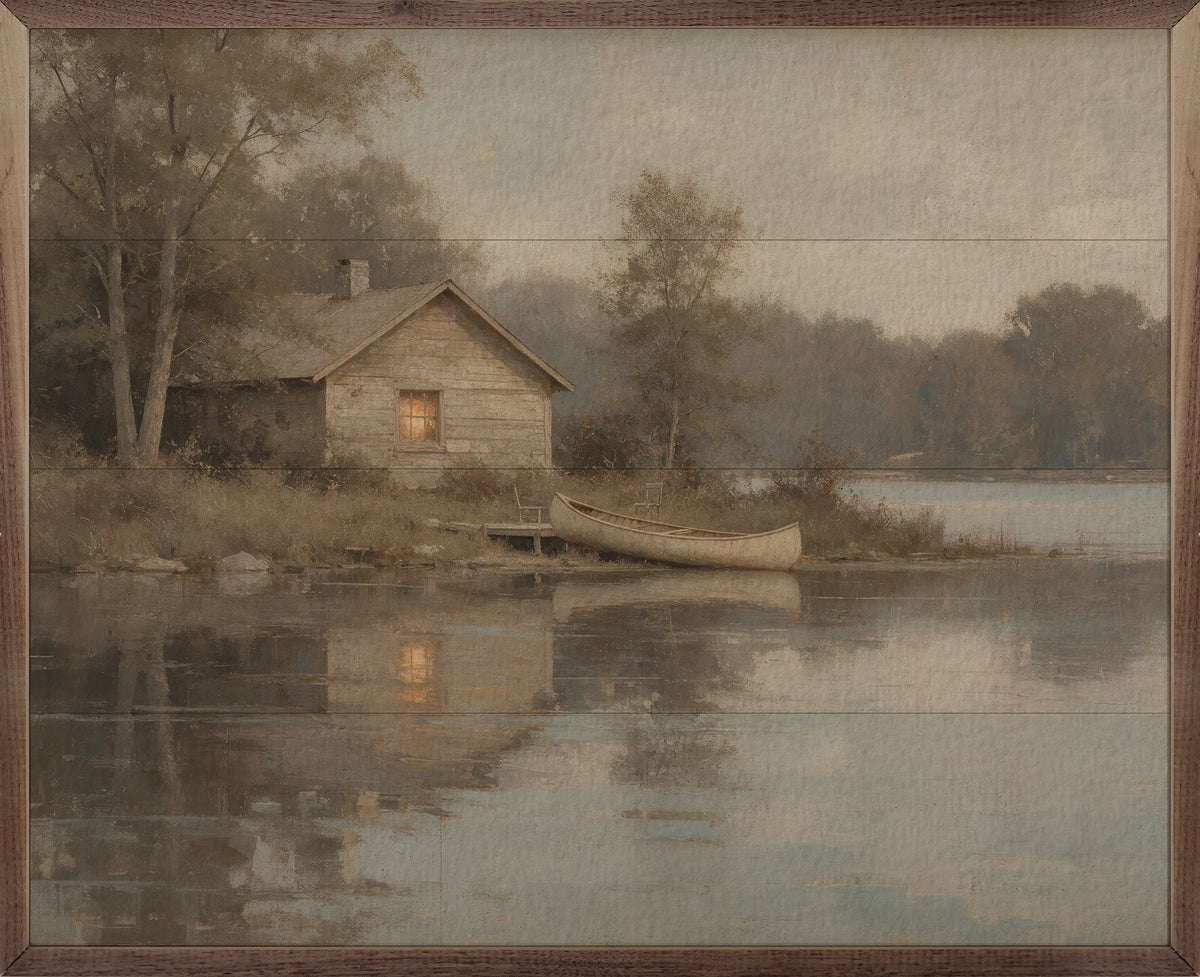 Rustic Lakeside Cabin With Canoe Wood Framed Print