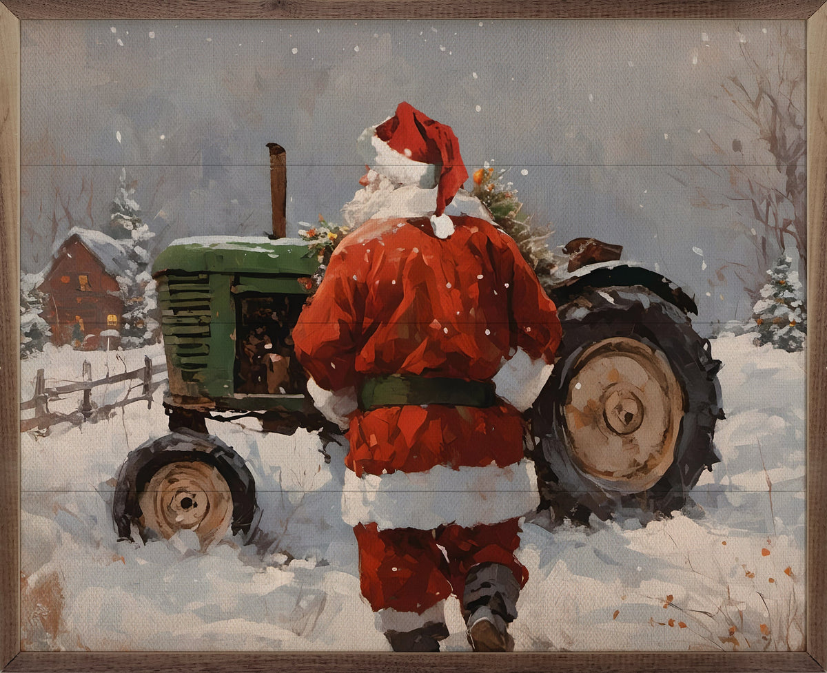 Santa With Green Tractor Wood Framed Print