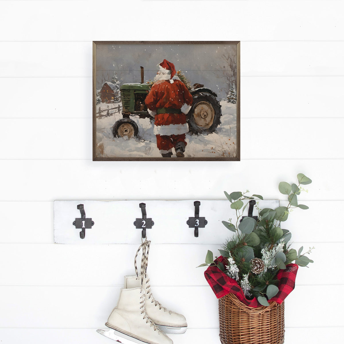 Santa With Green Tractor Wood Framed Print