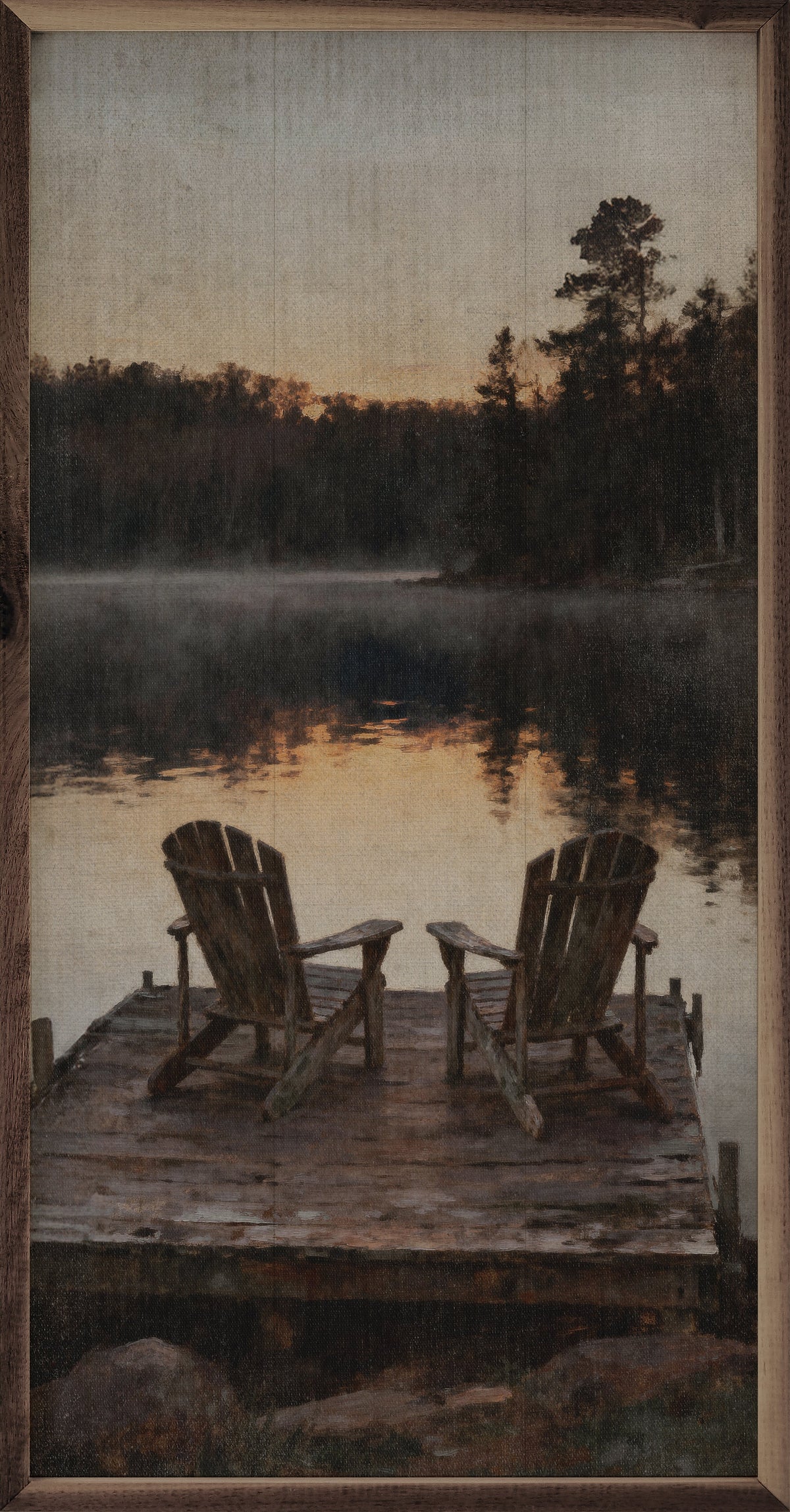 Dawn On The Lake Chairs Wood Framed Print