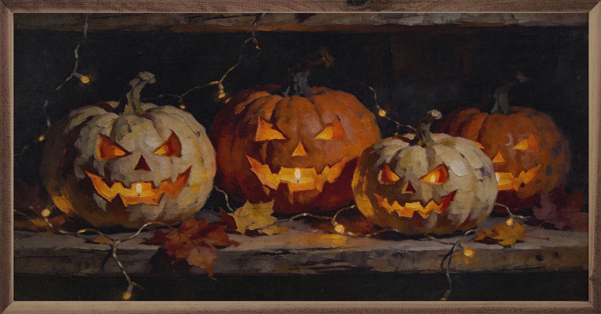 Jack O Lanterns With String Lights Wood Framed Print