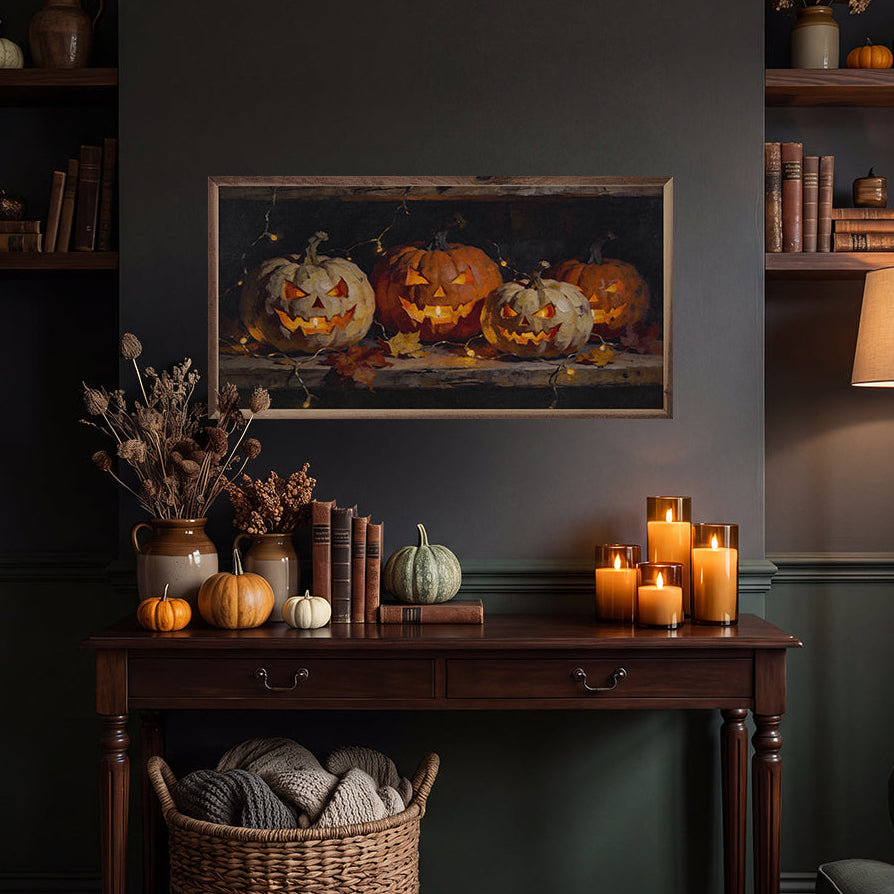 Jack O Lanterns With String Lights Wood Framed Print