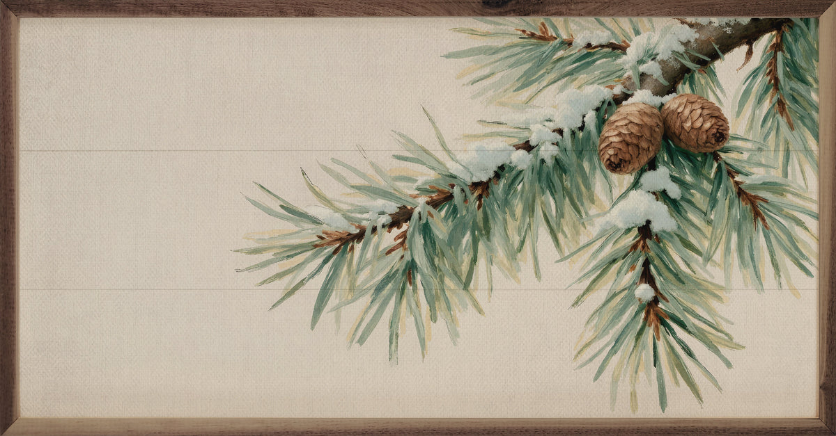 Snowy Pine Branch Horizontal Wood Framed Print