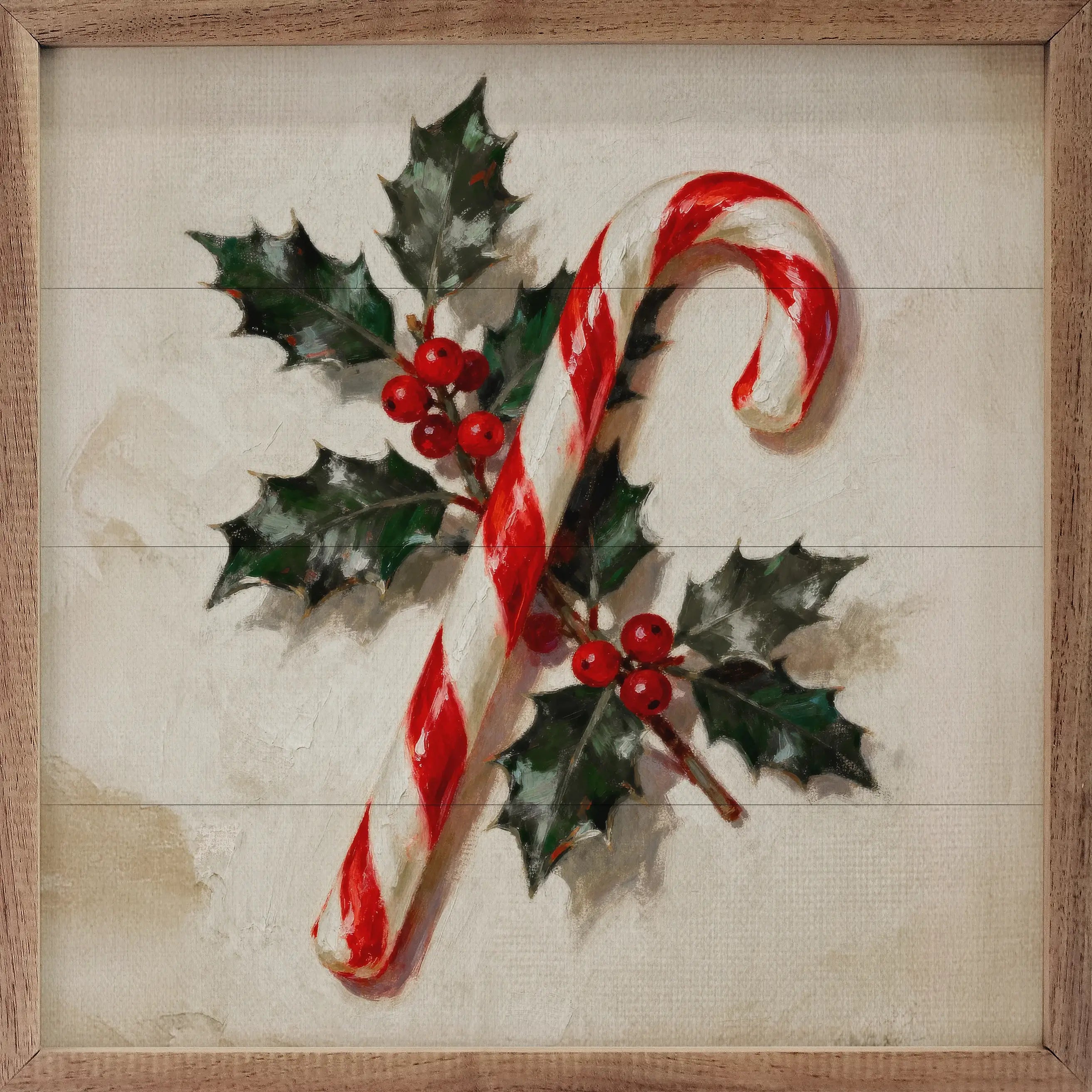 Candy Cane With Holly Wood Framed Print