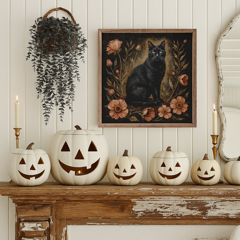 Floral Autumn Cat Wood Framed Print