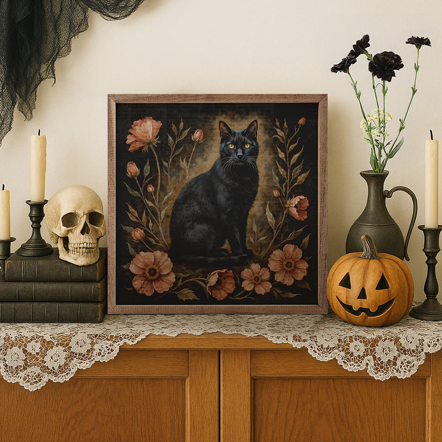 Floral Autumn Cat Wood Framed Print