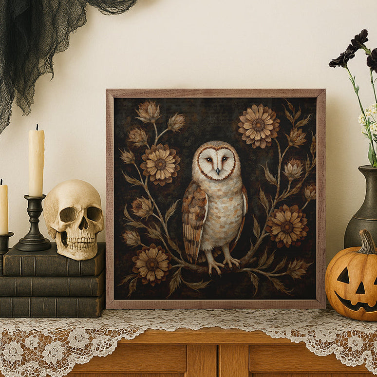 Floral Autumn Owl Wood Framed Print