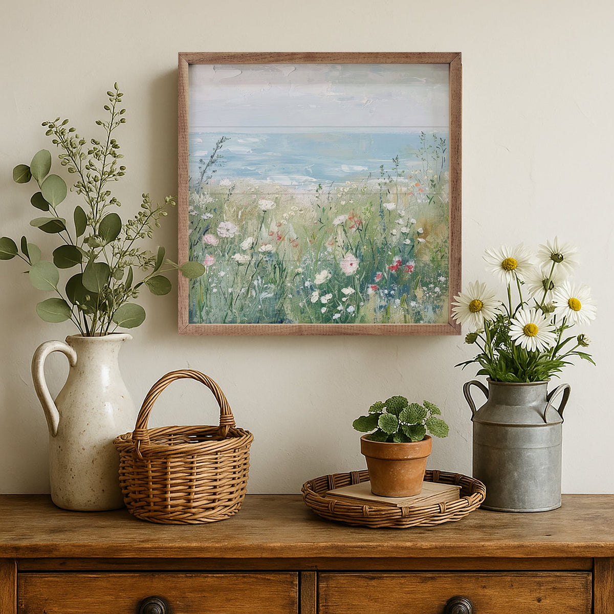 Wildflowers By The Sea Wood Framed Print