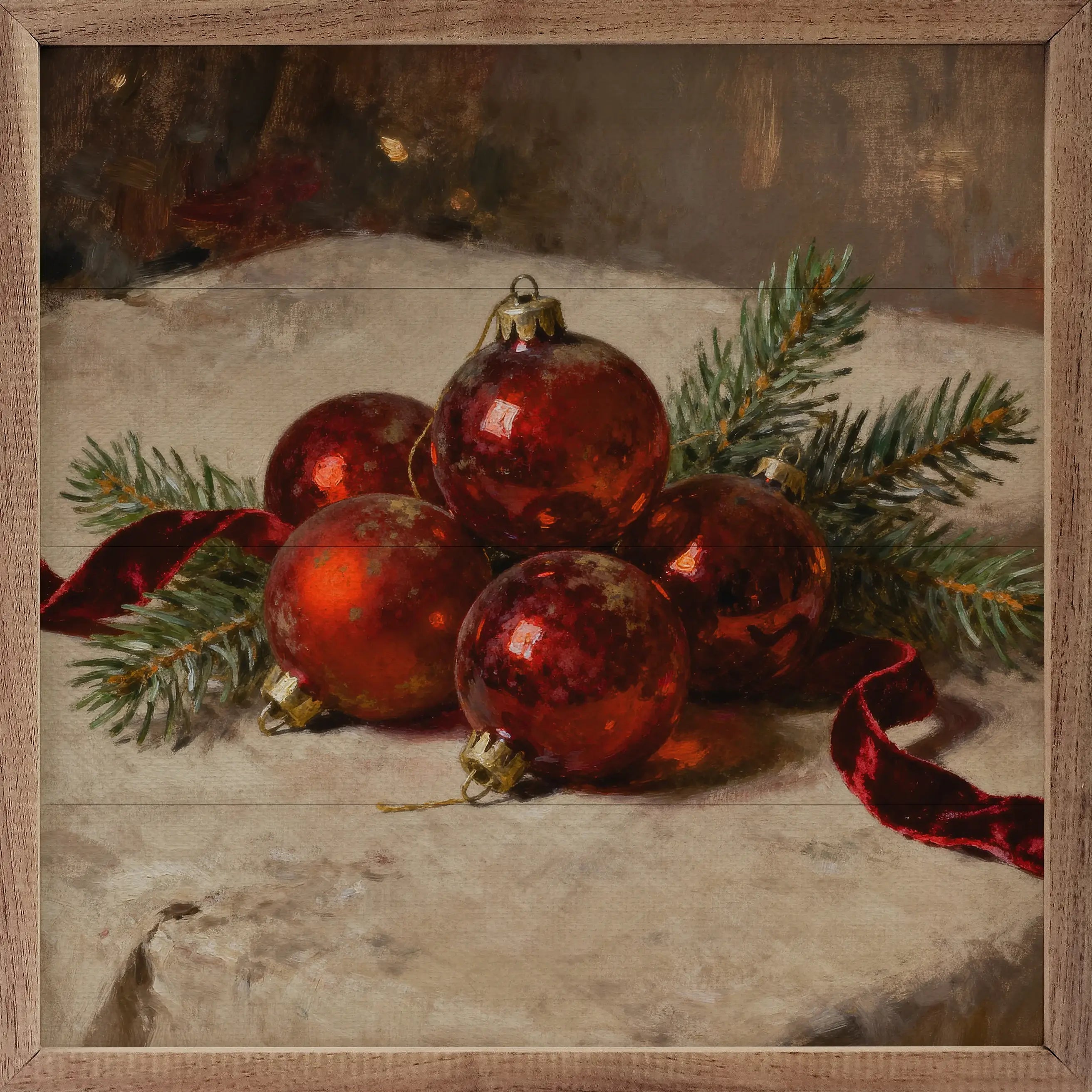 Red Ornaments On Display Wood Framed Print