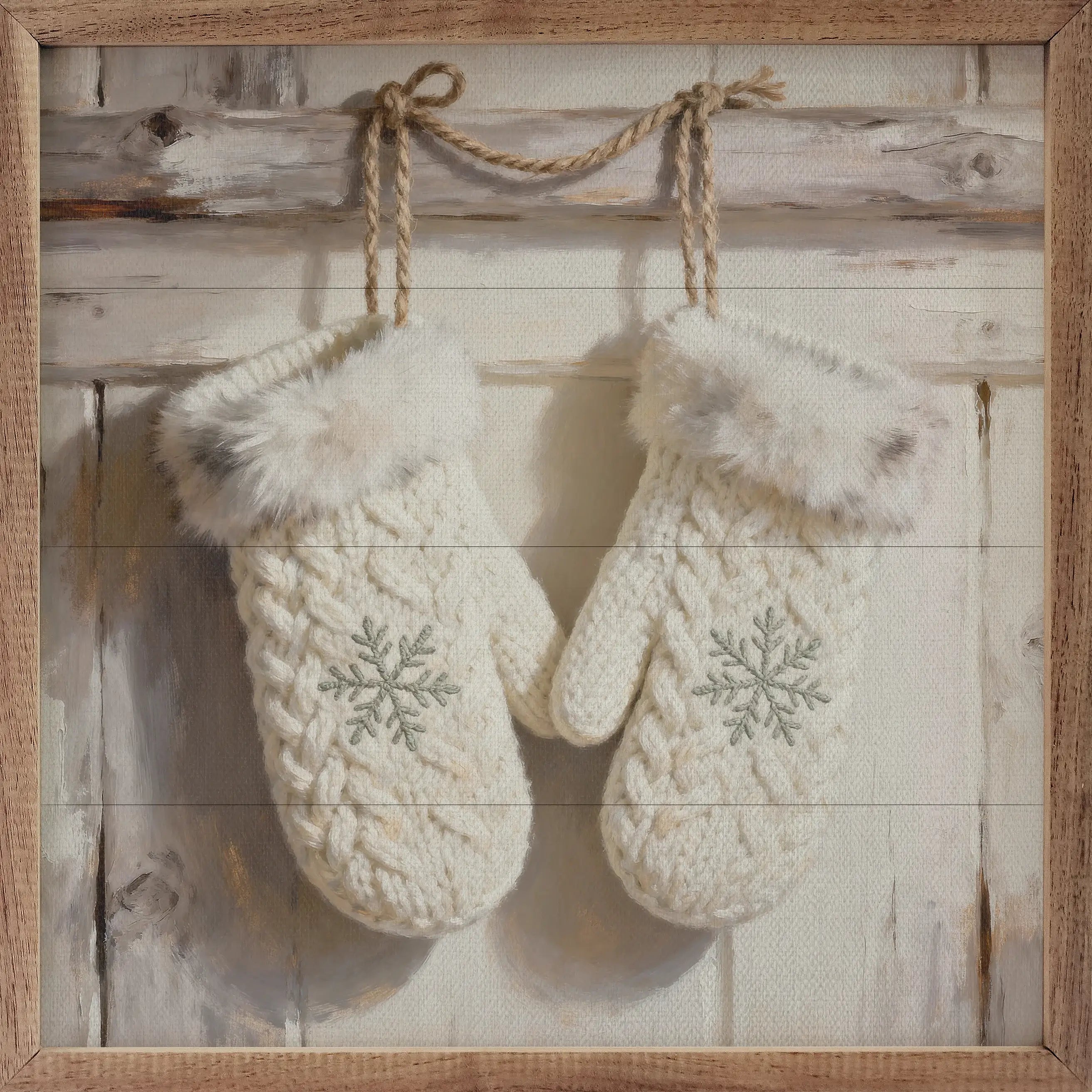 White Mittens With Snowflakes Wood Framed Print