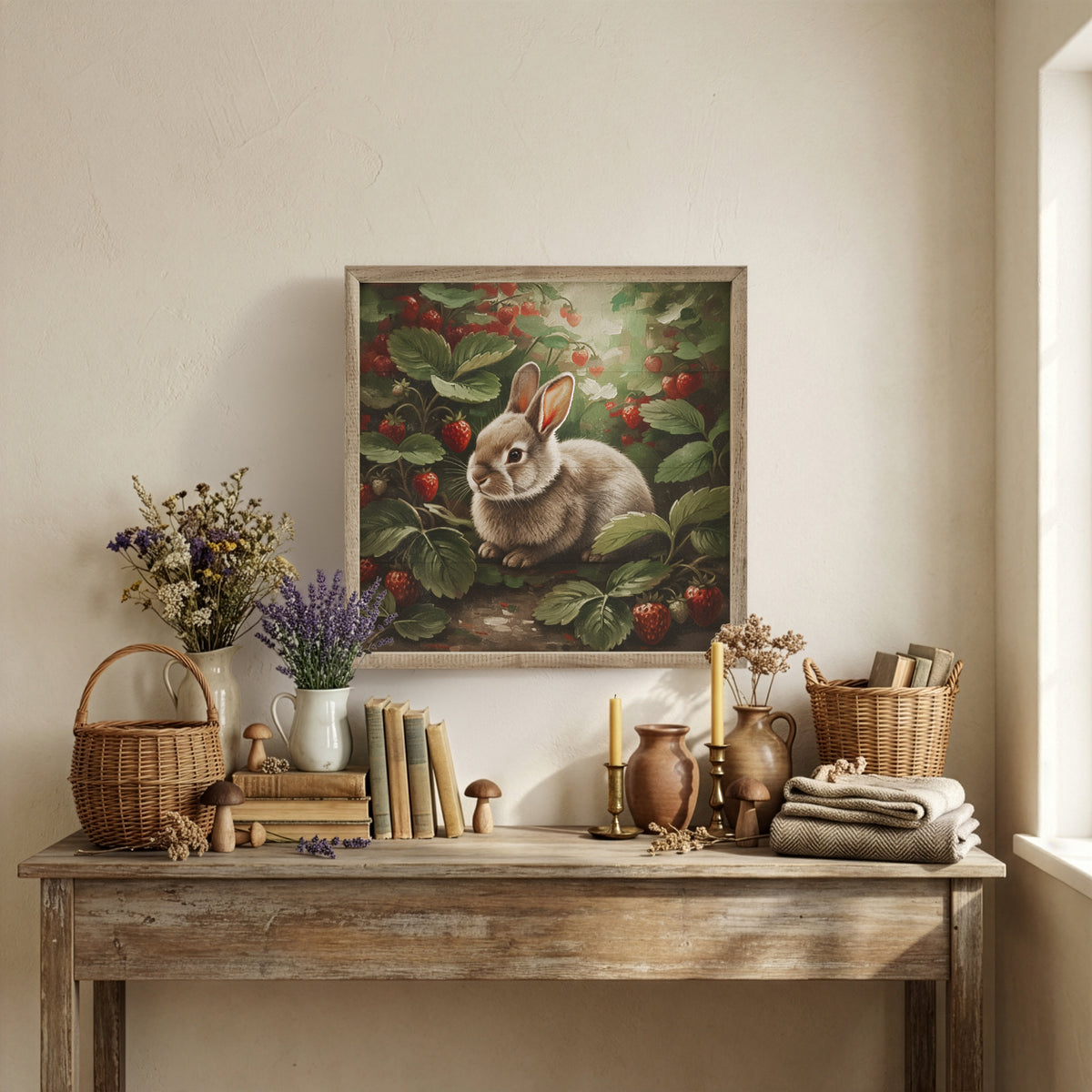 Rabbit In The Strawberry Patch Wood Framed Print