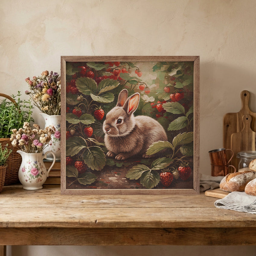 Rabbit In The Strawberry Patch Wood Framed Print
