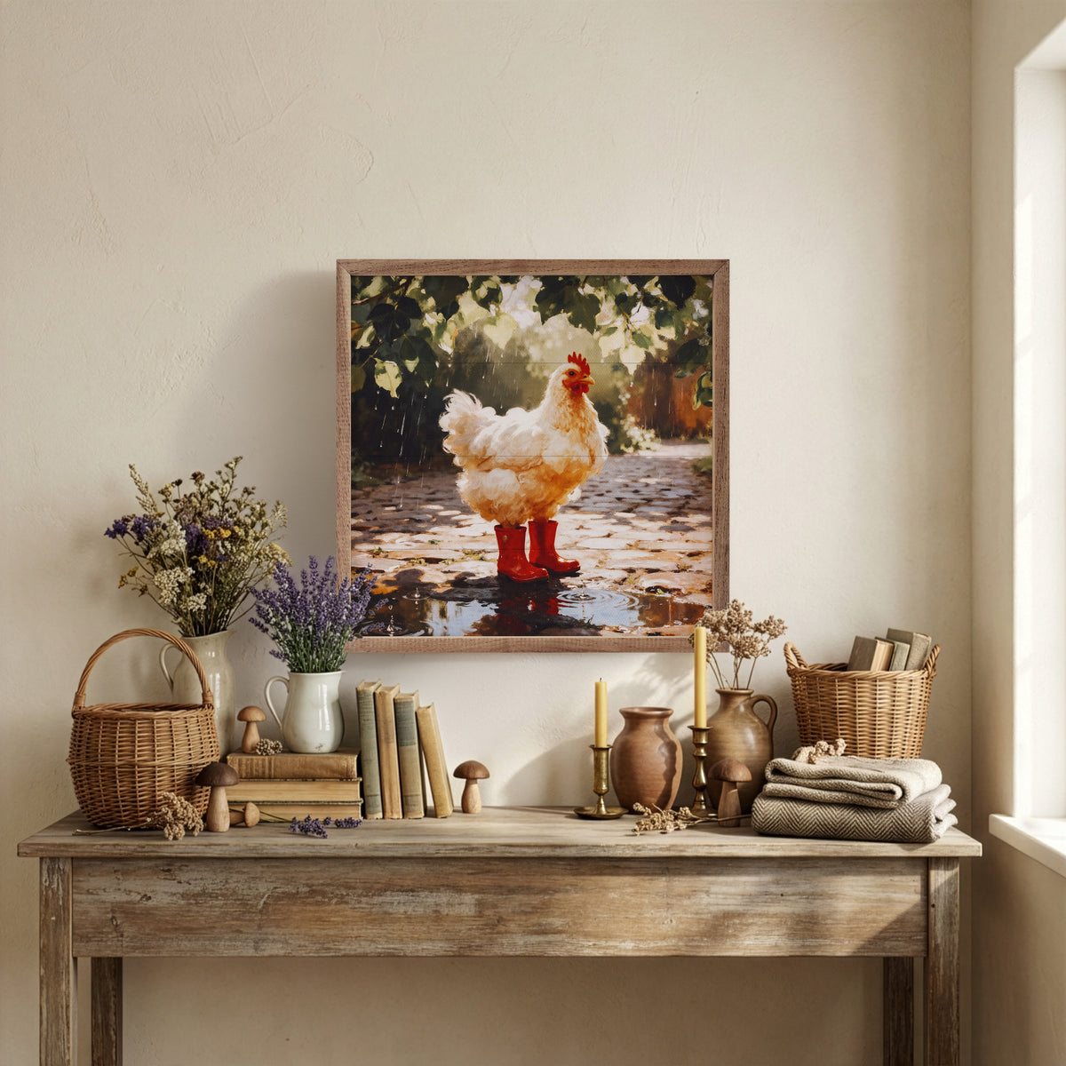 Chicken In Rain Boots Wood Framed Print