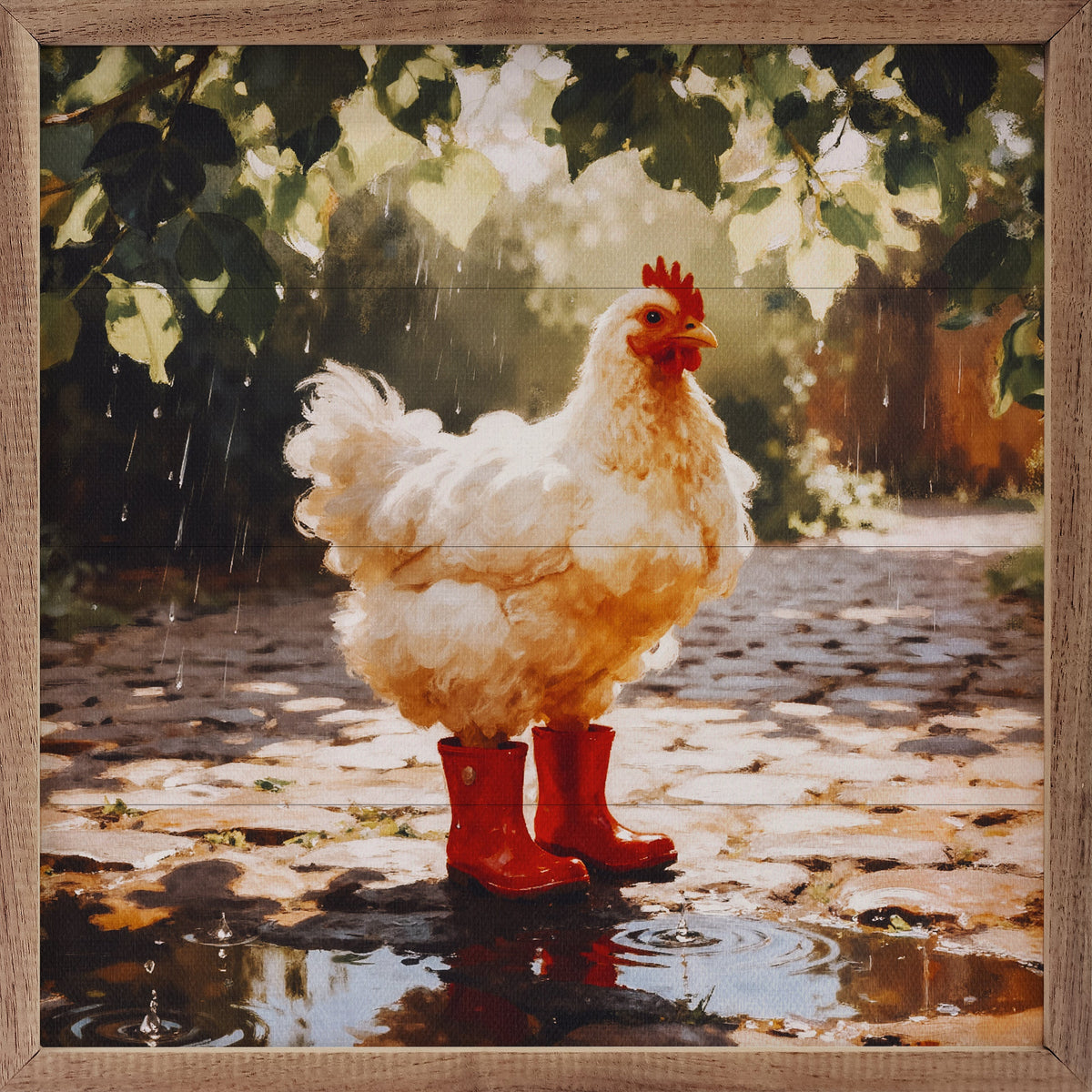 Chicken In Rain Boots Wood Framed Print