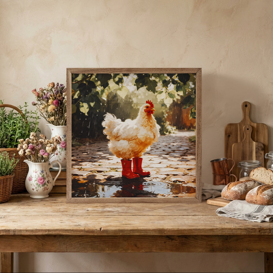 Chicken In Rain Boots Wood Framed Print