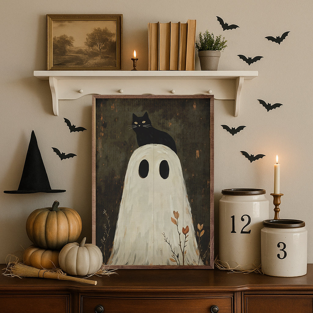Ghost With Cat On Head Wood Framed Print