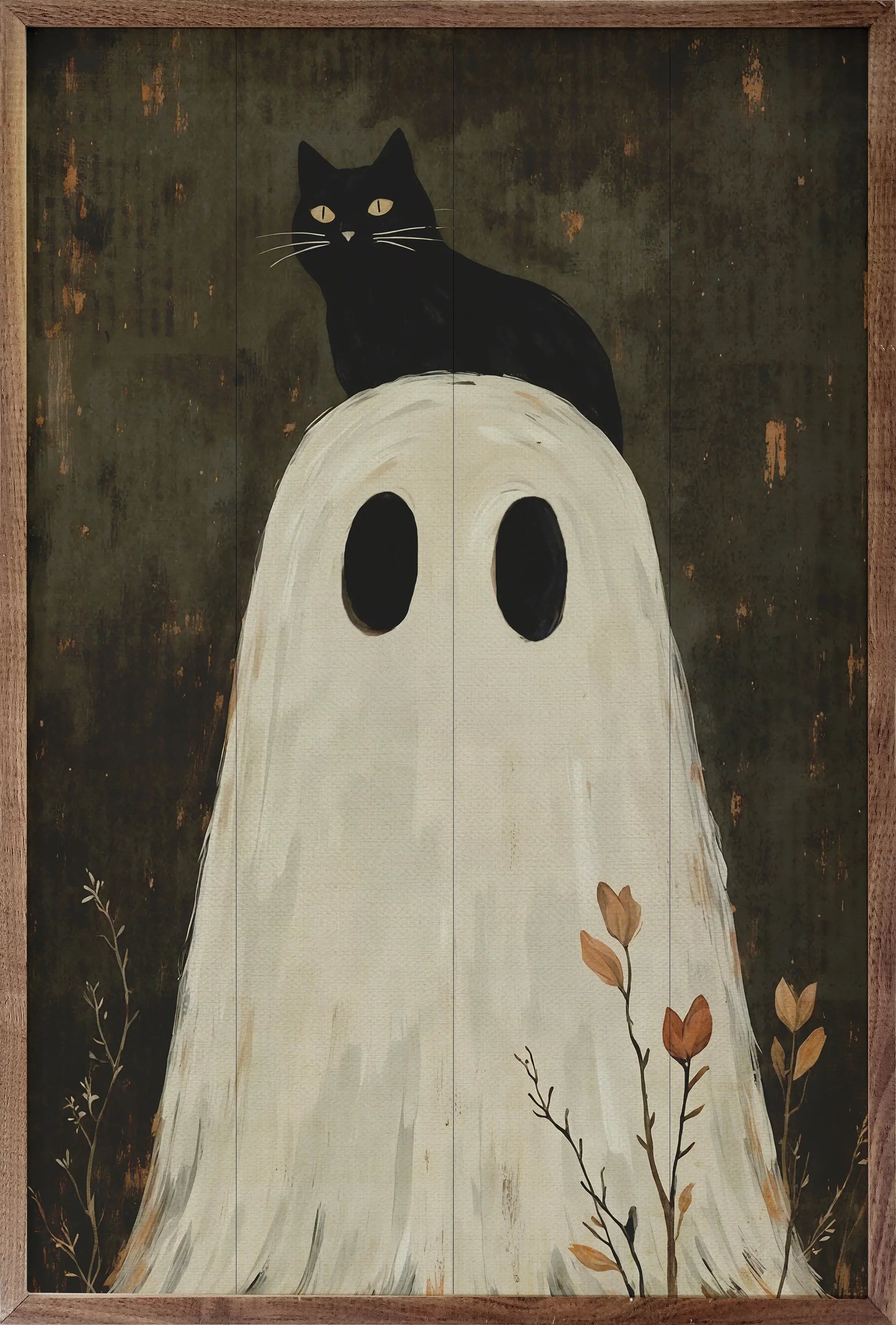 Ghost With Cat On Head Wood Framed Print