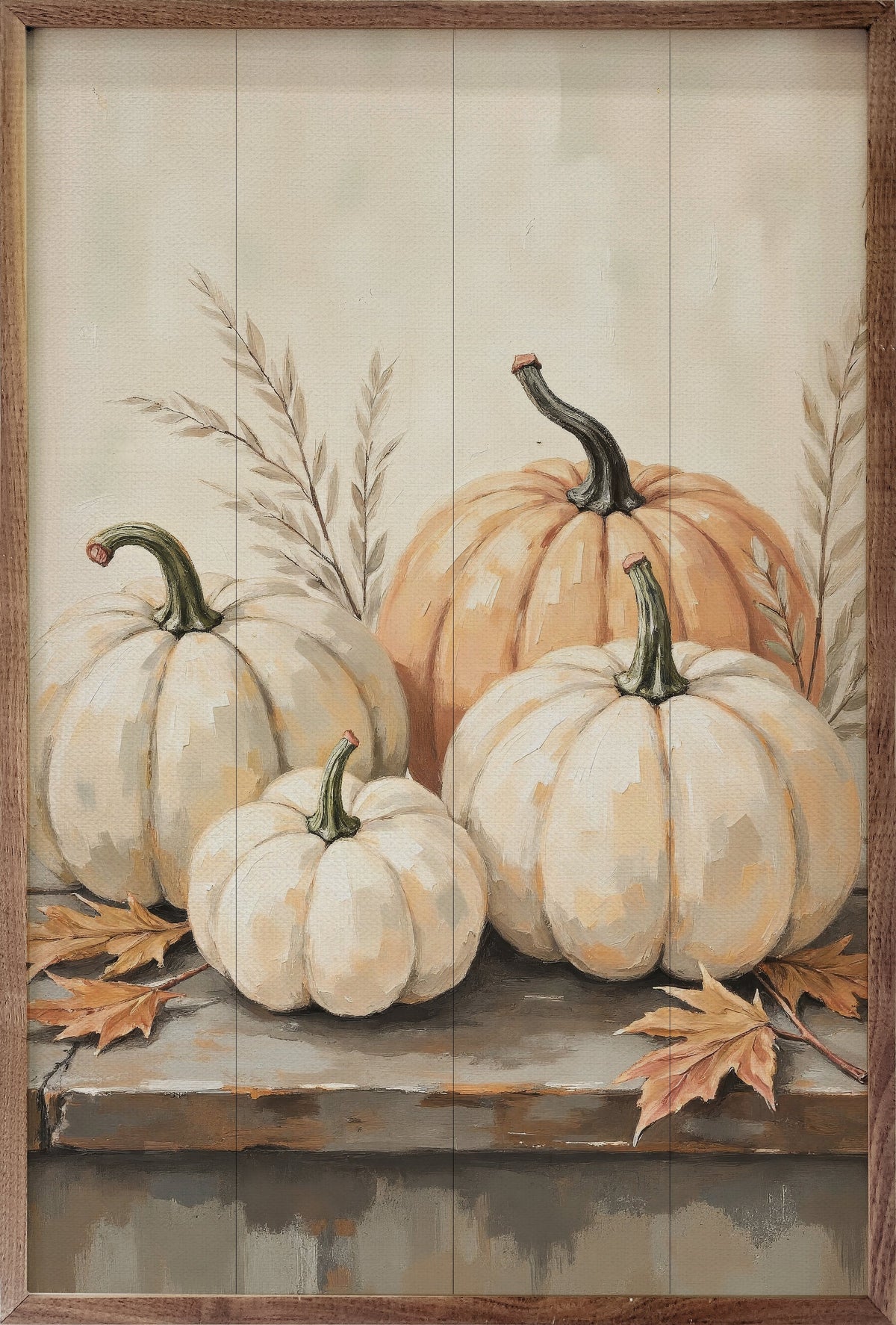 Pumpkins On Weathered Table Wood Framed Print