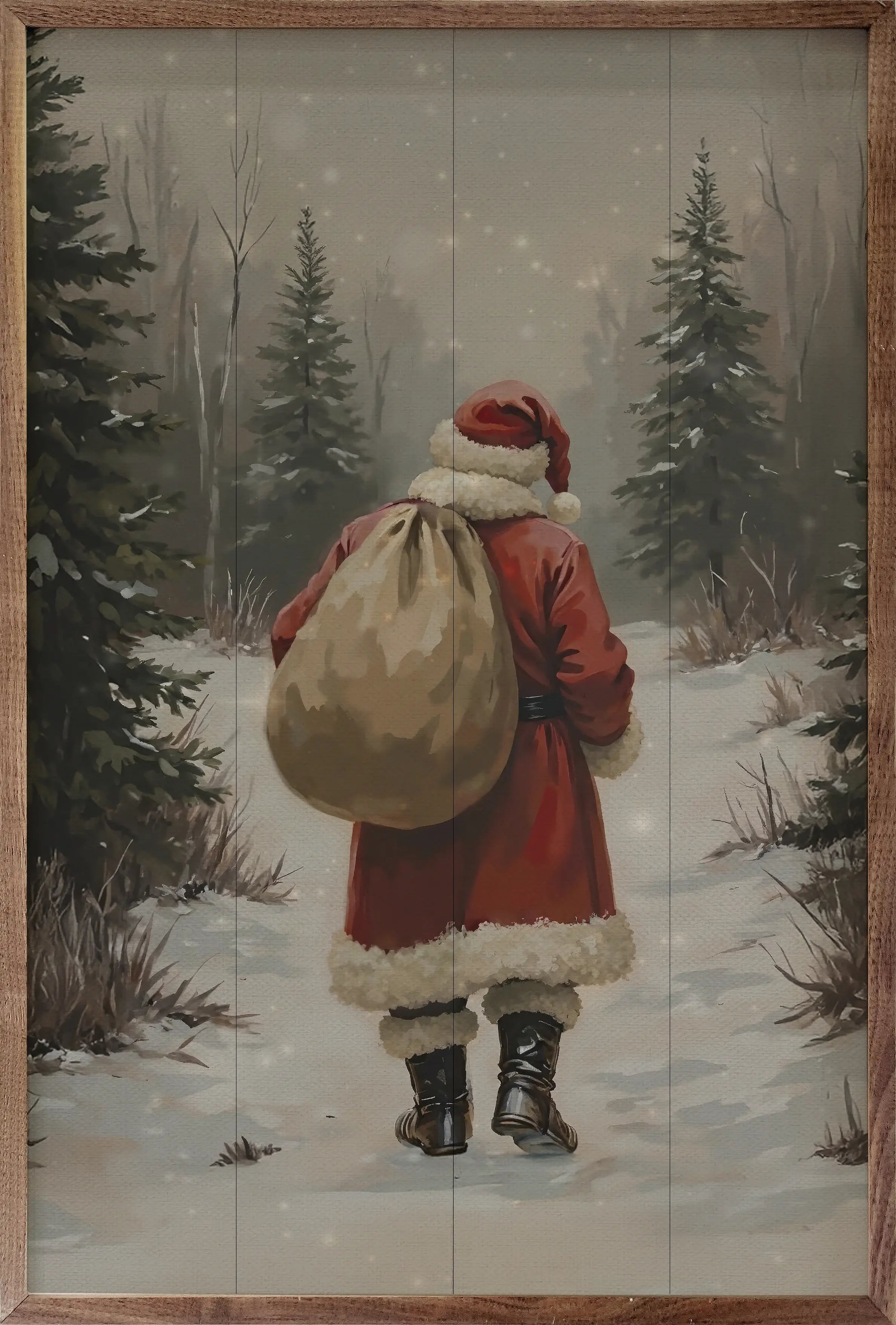 Santa Claus Walking In Timber Wood Framed Print