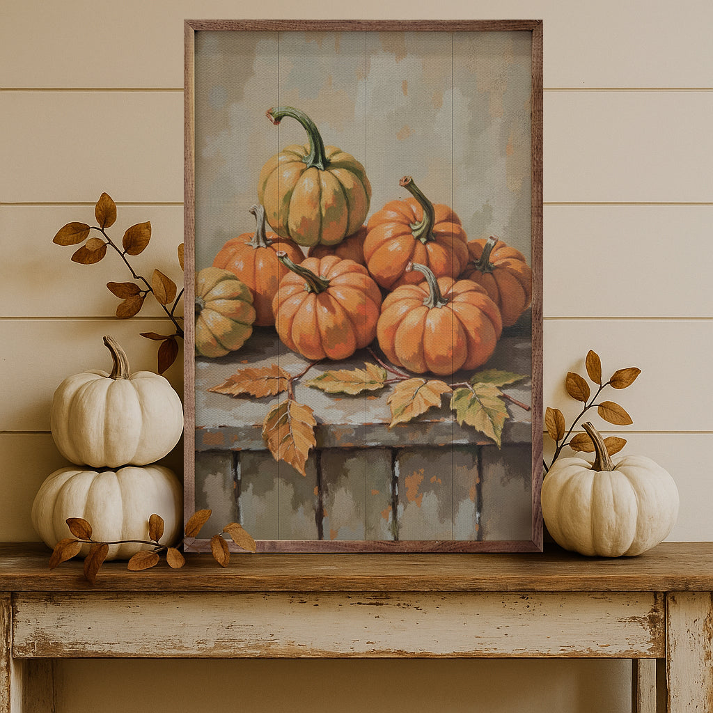 Small Pumpkin With Beech Branch Wood Framed Print