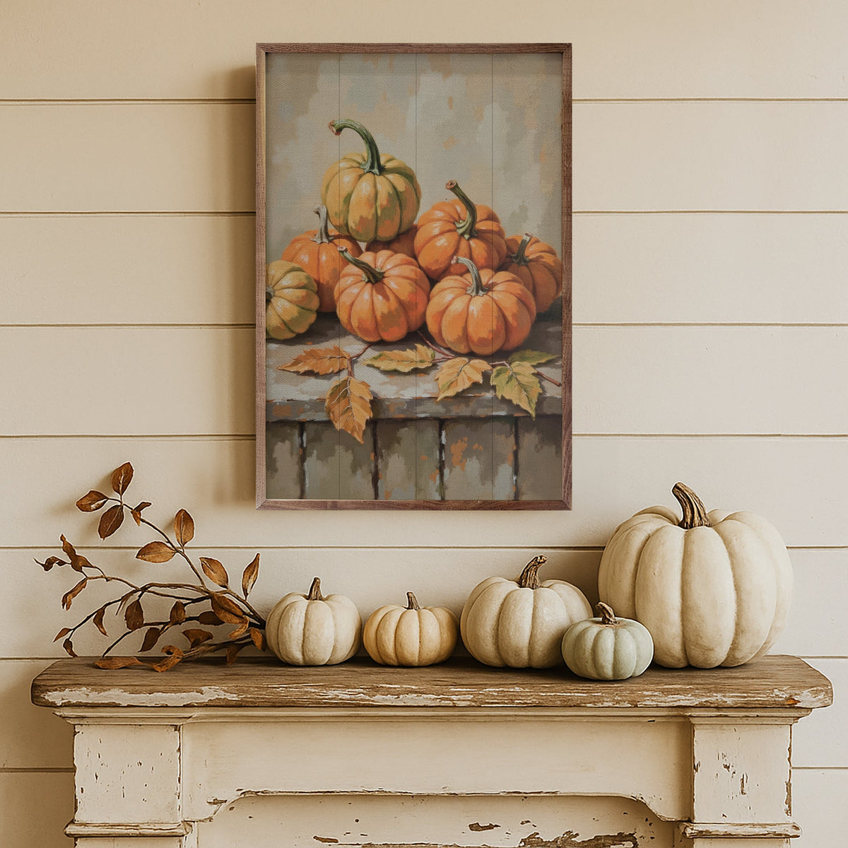 Small Pumpkin With Beech Branch Wood Framed Print