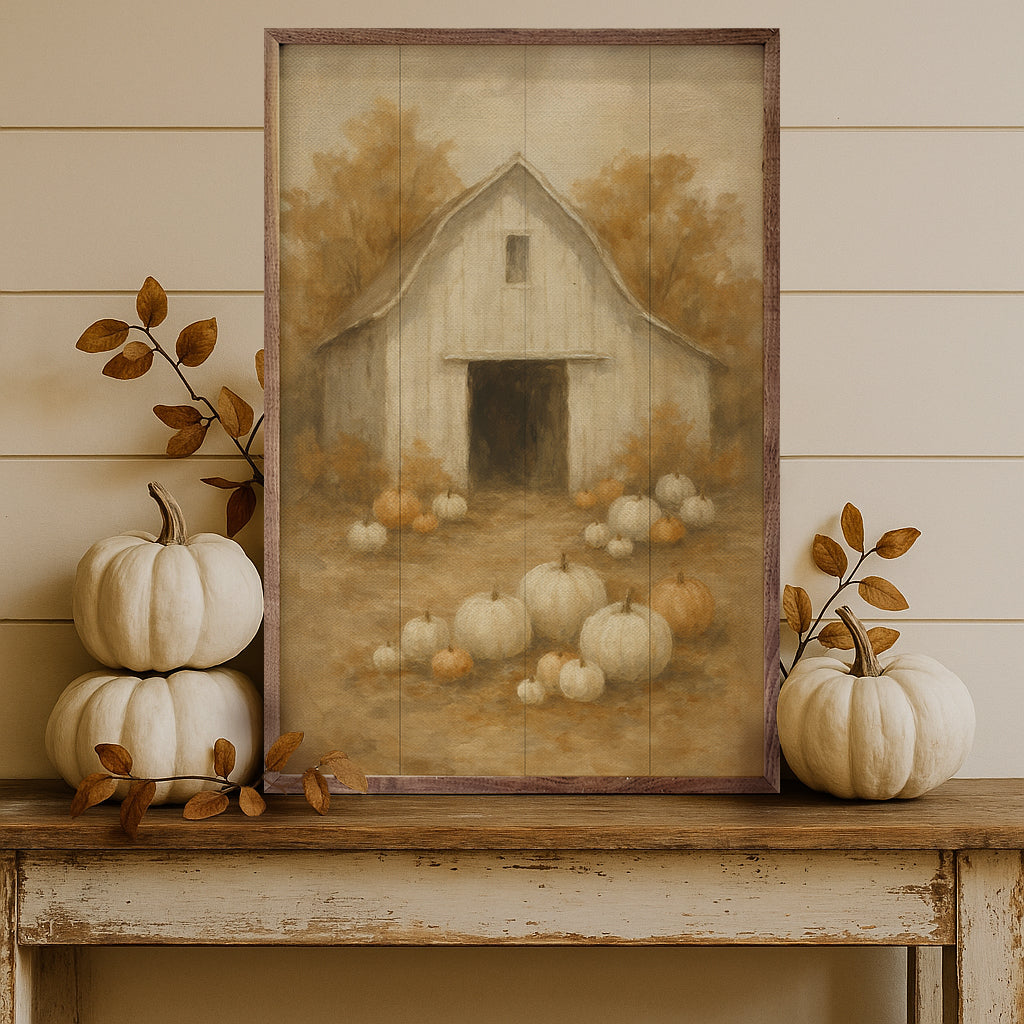 Vintage White Barn Pumpkin Patch Wood Framed Print