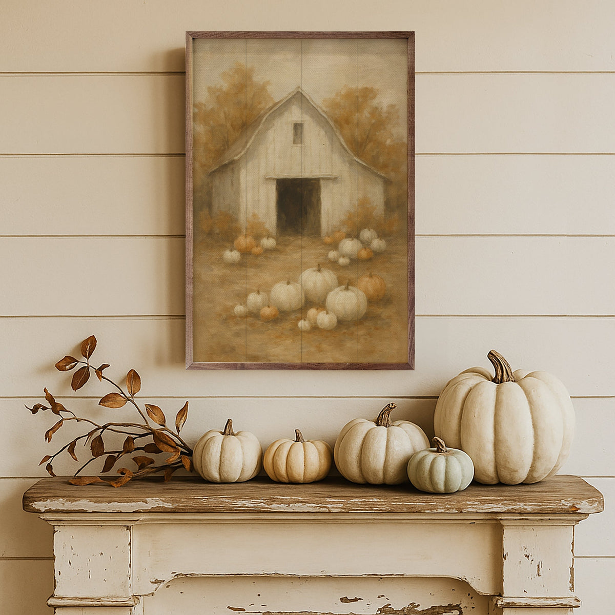 Vintage White Barn Pumpkin Patch Wood Framed Print